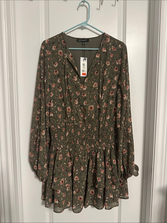 Dynamite Dresses & Skirts - Dynamite Olive Floral V-Neck Smocked Waist Mini Dress